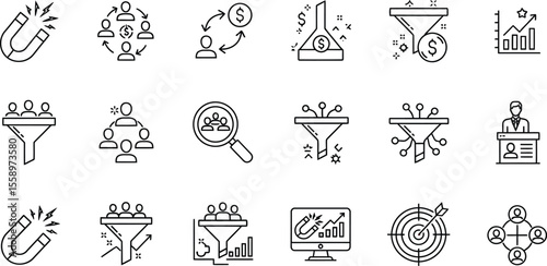 Collection of marketing and sales icons representing lead generation and conversion strategies