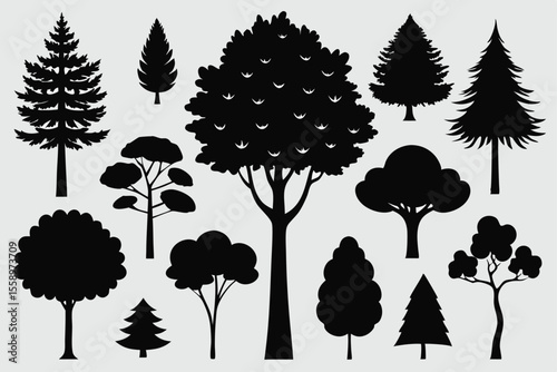 Collection of black silhouettes various tree types forest nature