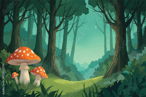 Enchanting mushrooms in a mystical forest scene