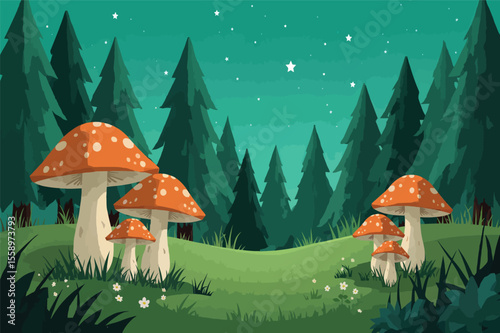 Enchanting night forest scene with mushrooms