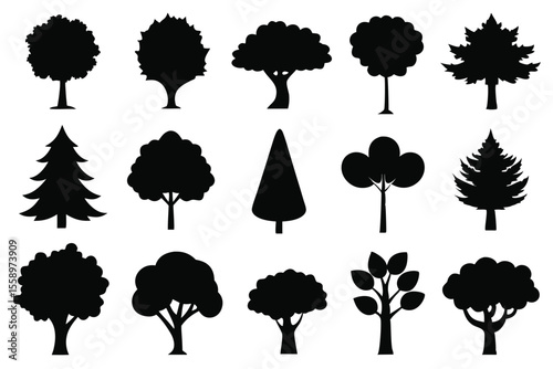 Collection of black silhouette tree icons various shapes