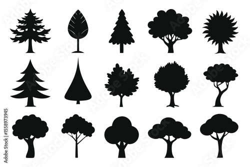 Collection of black silhouette tree icons various shapes