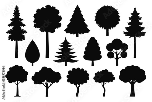 Collection of black silhouette trees various shapes and sizes
