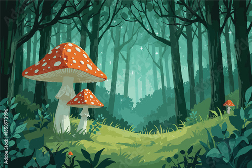 Enchanting mushrooms in a mystical forest scene