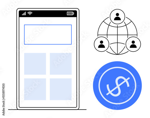Smartphone grid interface with global network of user icons and currency sign. Ideal for finance, networking, communication, e-commerce, technology, app development, global business. Simple flat