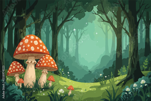 Enchanting forest scene with vibrant mushrooms