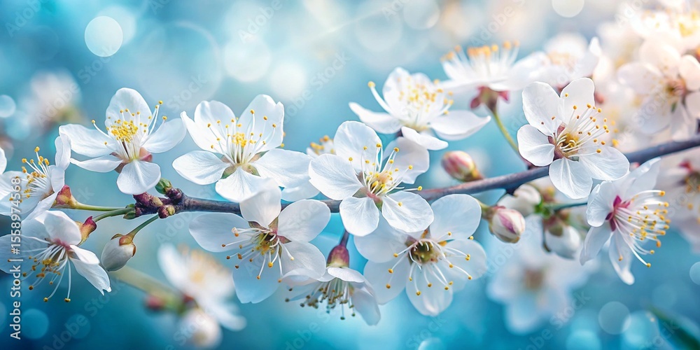 Fototapeta premium A close-up view of numerous white blossoms on a branch. 