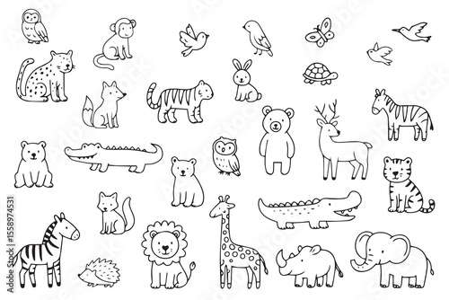 Set of animals in doodle style. Outline of hand drawn animals. Vector illustration on white background. Vector illustration