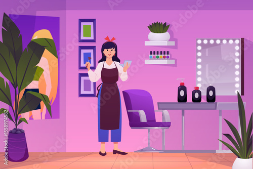 Make-up artist, stylist working in Beauty salon vector flat illustration, cartoon fashion stylish studio pink interior