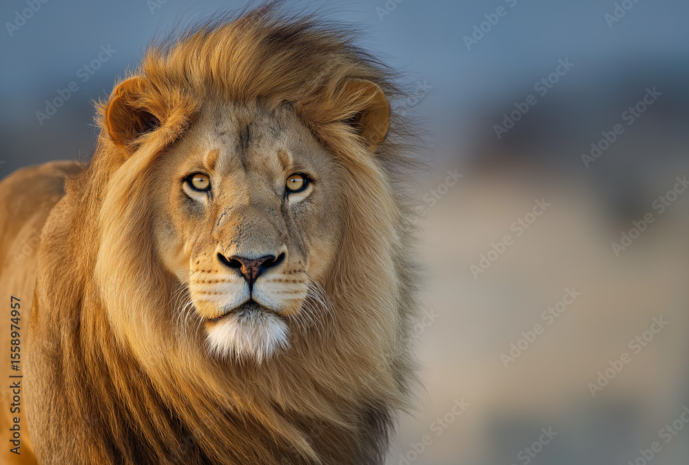 Fototapeta premium A majestic lion with an impressive mane, sitting in the African savannah