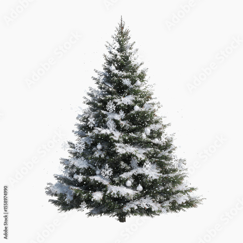 Snow-Covered Christmas Tree with White Ornaments and Falling Snow on Grey Transparent background
