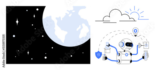 Robot multitasking with AI tools, gears, shield, and flasks Earth floats in space clear sky with sun and clouds. Ideal for AI, technology, innovation, exploration, environment space futuristic