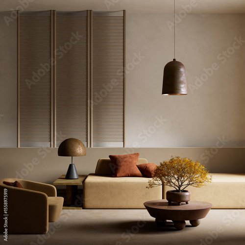 Fototapeta Serene minimalist living room with earthy tones. 3D illustration