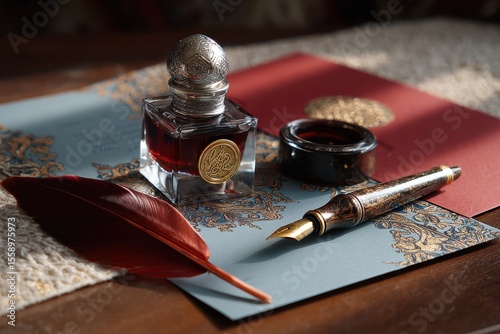 Elegant ink and quill arrangement on ornate stationery with a rich color palette in soft natural light
