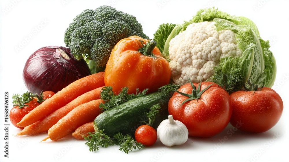 Freshly harvested vibrant vegetables arranged on a clean white background display Freshly harvested vibrant vegetables arranged on a clean white background display