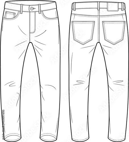 Men's Casual Tapered Fit Jeans Flat Sketch Template, Fashion Design Technical Drawing, Apparel CAD, Clothing Illustration, Denim Pants Vector Mockup.