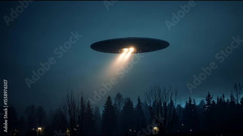 UFO spaceship flying above forest at night with bright spotlight illuminating dark blue sky in mysterious outdoor scene full of suspense and unknown energy.