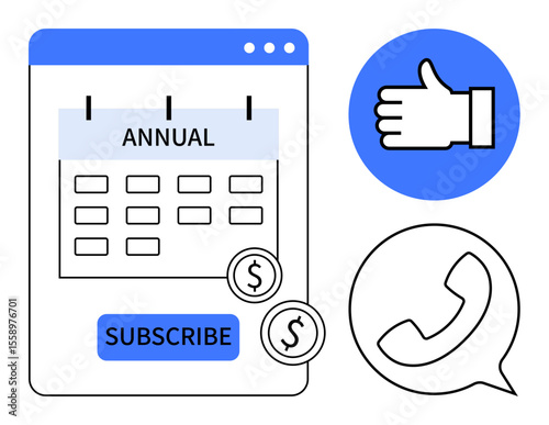 Calendar labeled annual with subscribe button, coins, thumbs-up, phone icon, and chat bubble. Ideal for subscription services, business solutions, finance, customer support marketing communication