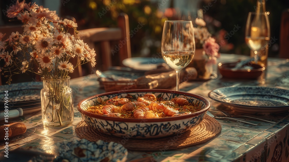 Fototapeta premium Stylish Patio Dining: Seafood Paella on a Ceramic Table Setting