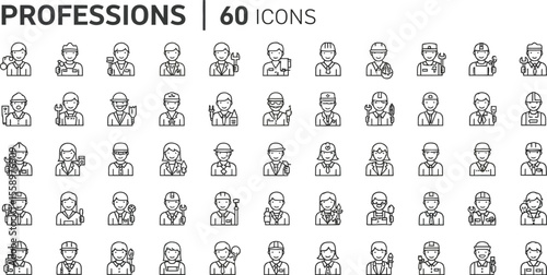 Collection of sixty profession icons showing diverse occupations with associated tools and attire