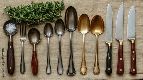 Antique Silver and Gold Flatware with Wooden Handles Arranged on Weathered Wooden Surface with Green Sprig Overhead
