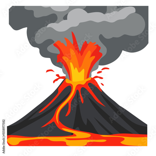 Active Volcano Eruption with Lava and Smoke Vector Illustration