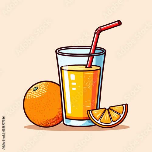 a glass of orange juice vector with a straw and orange slices