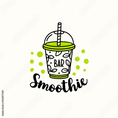 Doodle style smoothie cup with bar text and straw with green accents art