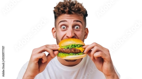 Happy man excitedly holding delicious burger with fresh lettuce and toppings, showcasing joy of food and vibrant lifestyle in a fun and engaging manner