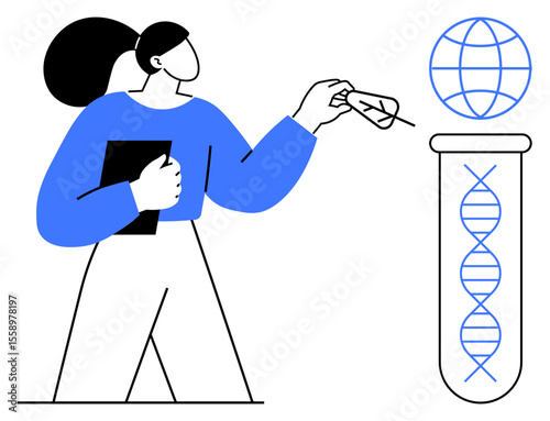 Woman scientist holding notes studies genetic DNA strand inside a test tube with a globe above. Ideal for science, innovation, research, biotechnology, education, sustainability, global