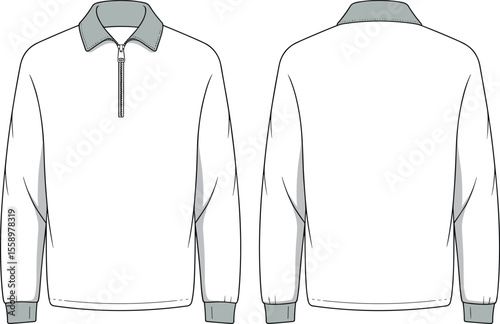 Men's White Long Sleeve Polo Shirt with Zippered Collar and Grey Accents, Casual Apparel Flat Sketch, Front and Back View, Vector Illustration for Fashion Design and Mockup
