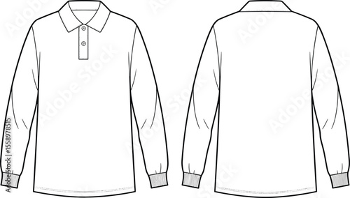 Men's Long Sleeve Polo Shirt Flat Sketch, Front and Back Views, Classic Casual Wear, Apparel Template, Fashion Design Illustration, Vector
