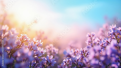 Close up view of purple flowers with soft focus and bokeh effect against a bright sky with pink and blue hues