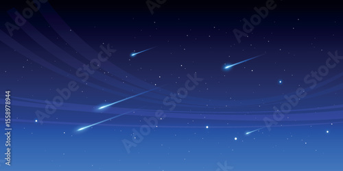 Meteor shower in the night sky. Several bright meteors flying across the dark blue sky, leaving light trails behind them.