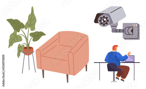 Comfortable home workspace featuring a chair, potted plant, and security camera with a person working at a desk. Ideal for remote work, security, comfort, productivity, interior design, technology
