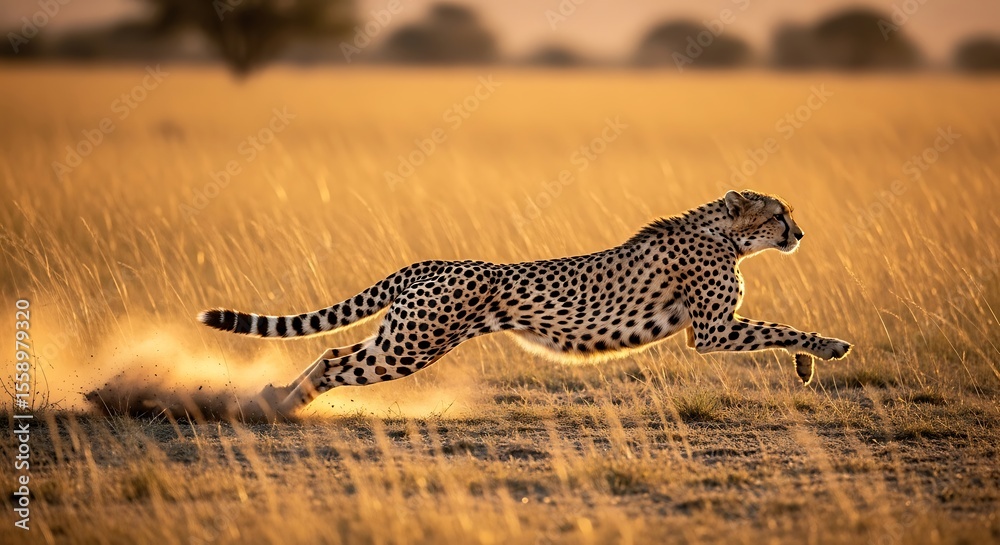 Fototapeta premium A cheetah in full stride across a golden savanna at sunset.