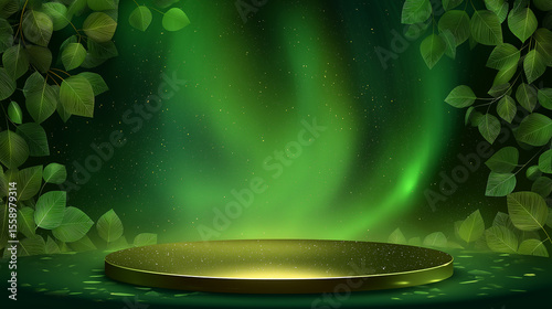 Magical Green Northern Lights Sky with Golden Podium and Leaf Accents for Natural Product Display and Eco-Friendly Brand Presentation