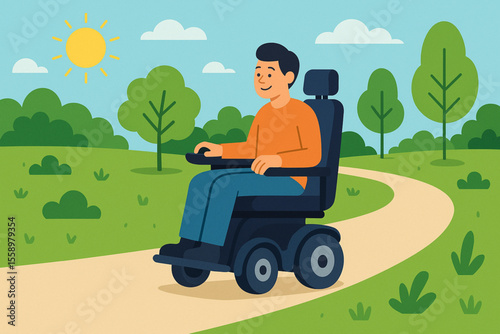 Person Driving Motorized Wheelchair on Park Path Sunny Day Flat Vector Illustration