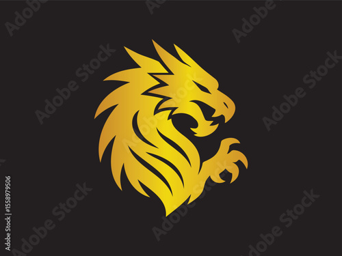 Elegant stylized dragon head logo in gold silhouette with tribal curves for luxury brand or team identity