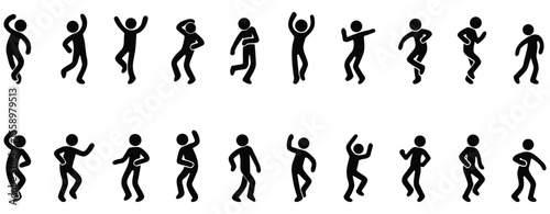 Dancing stickman silhouette collection showing motion, celebration, and party moves in black