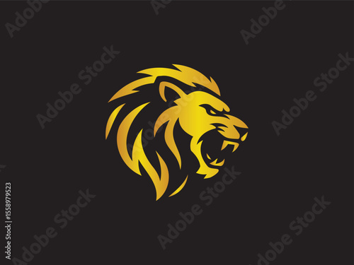 Fierce golden lion head silhouette logo on black background in aggressive tribal style for branding or mascot use