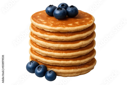Golden pancakes stacking high, crowned with ripe blueberries, floating against transparent backdrop, highlighting culinary breakfast artistry