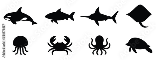 Marine animal silhouette icon set with fish, shark, octopus, turtle, and sea creatures in minimal black style