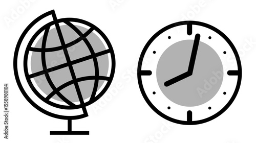 Set of Education icons: earth globe and clock, on transparent background, flat line design, vector illustration
