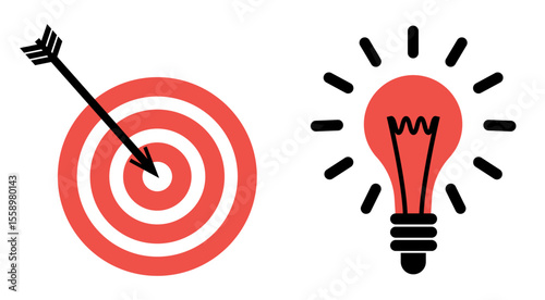 Set of Business icons: target sign and bulb lamp as idea concept, on transparent background, flat line design, vector illustration