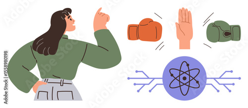 Woman gesturing confidently with raised index finger beside boxing gloves, a hand gesture, and atomic symbol with circuit lines. Ideal for leadership, decision-making, technology, conflict
