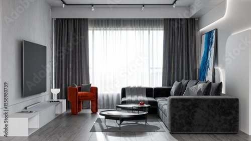 Modern living room interior with a dark velvet sectional sofa, minimalist LED wall design, marble coffee tables, and a bold orange accent chair. Natural light flows through sheer curtains, enhancing t