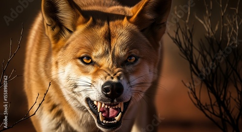 A close-up portrait of a snarling dingo, displaying its teeth aggressively.