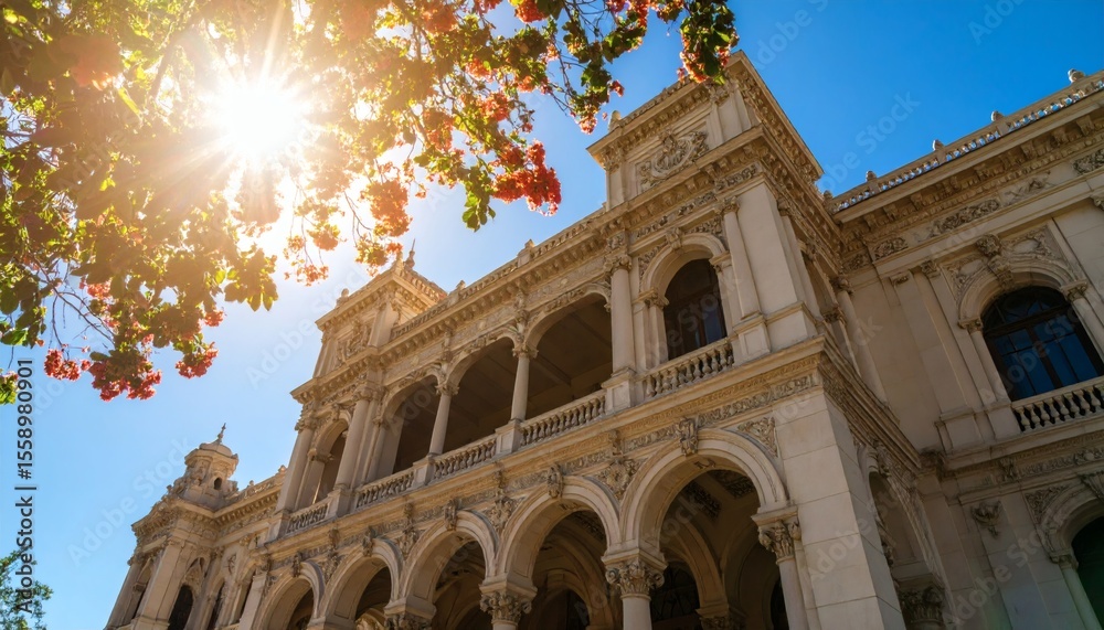 Obraz premium Ornate Palace Facade Under Blooming Trees & Sunlight