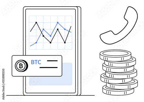 Smartphone with trading graph, Bitcoin card, coin stack, and telephone. Ideal for cryptocurrency, fintech, online banking, mobile commerce investments business and communication. Simple flat